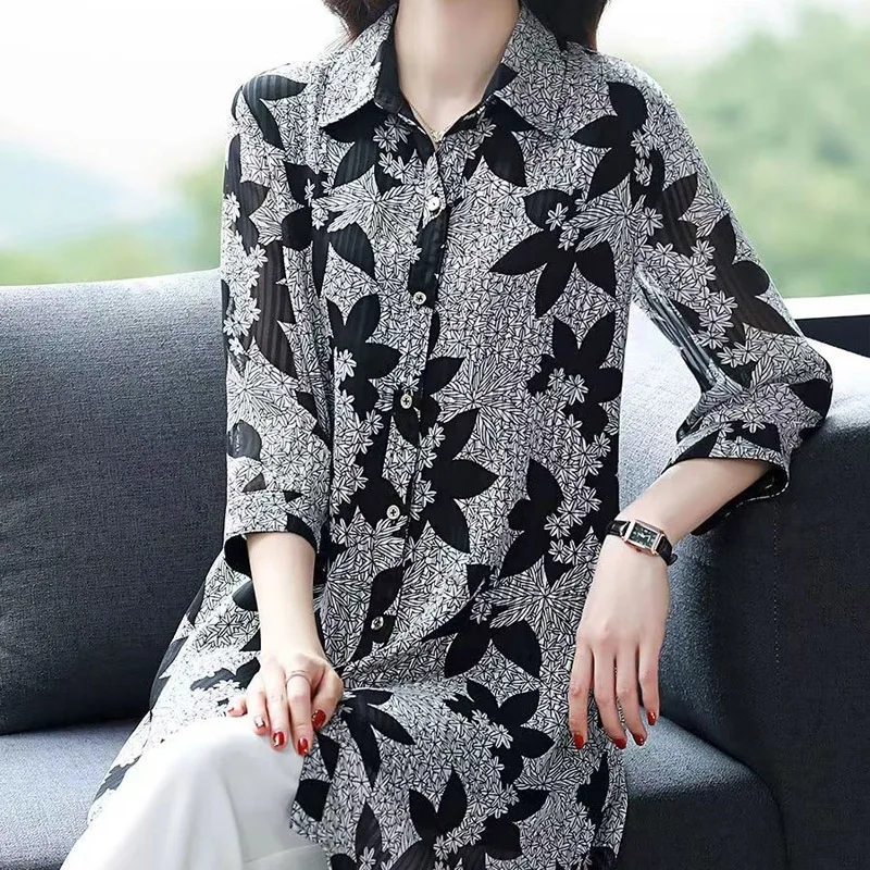 Summer POLO Collar Fashion Three Quarter Shirt Women High Street Casual Loose Button Cardigan Elegant Printing Mid-length Tops