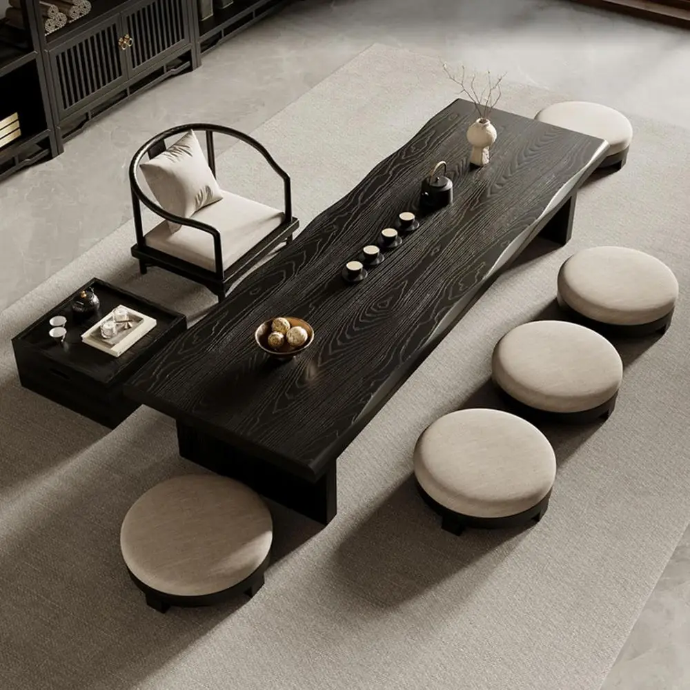 

Japanese Solid Wood Tea Table, Minimalist Design, Zen-Inspired Tatami Style, Floor Seating for Bay Windows (Black, 100x50x35cm)