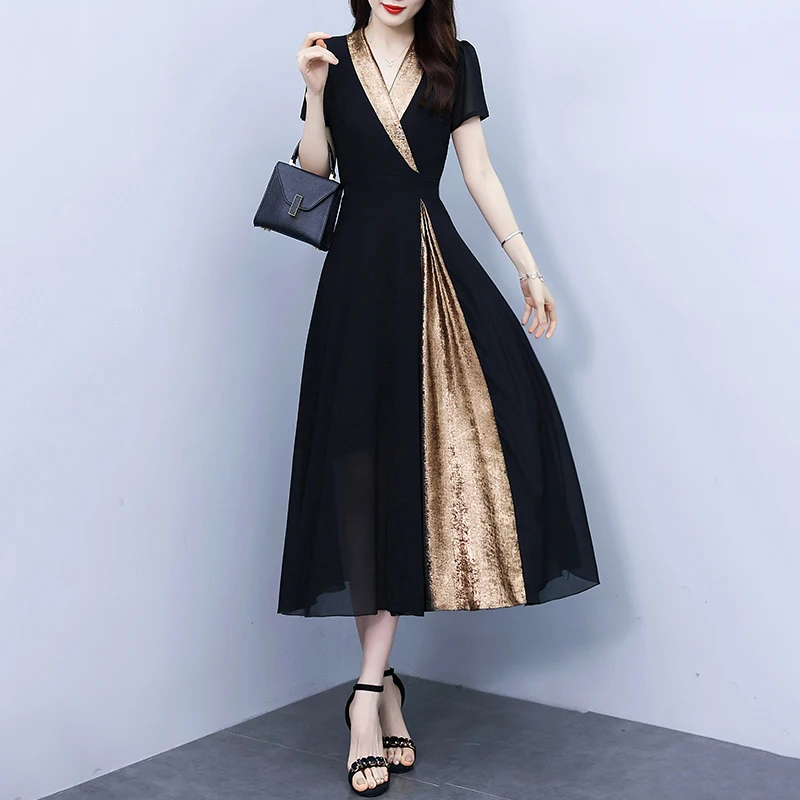 Women Long Dresses Summer Female Suit Neck Short Sleeve Large Size Elegant Fake Two Pieces A Line Patchwork Polyester Vestidos