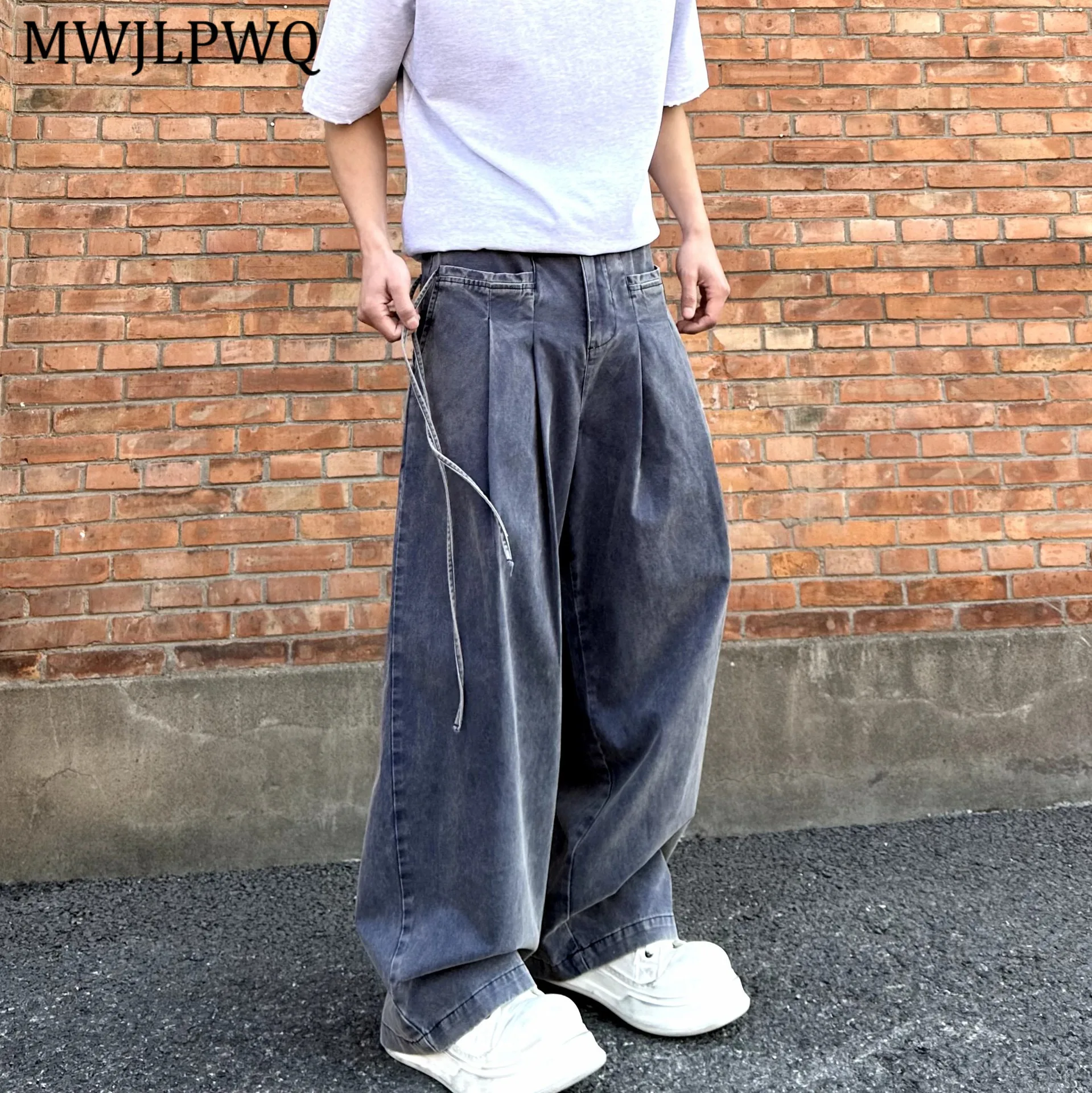 

MWJLPWQ Drawstring Wide-leg Jeans For Men Summer Thin New Style Draped High-waist Loose Straight Casual Long Pants Trendy 11396