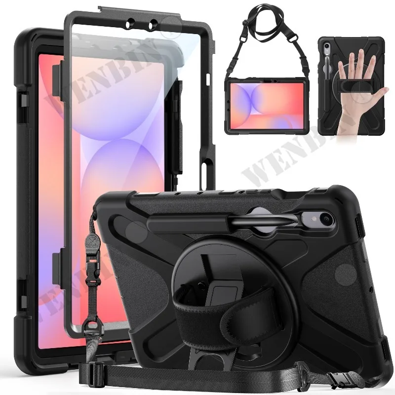 Case For Samsung Tab S10 FE Lite S9 S8 S7 Tablet Heavy Duty Shockproof Protective Rotating Stand Hand Strap Holder Black Case