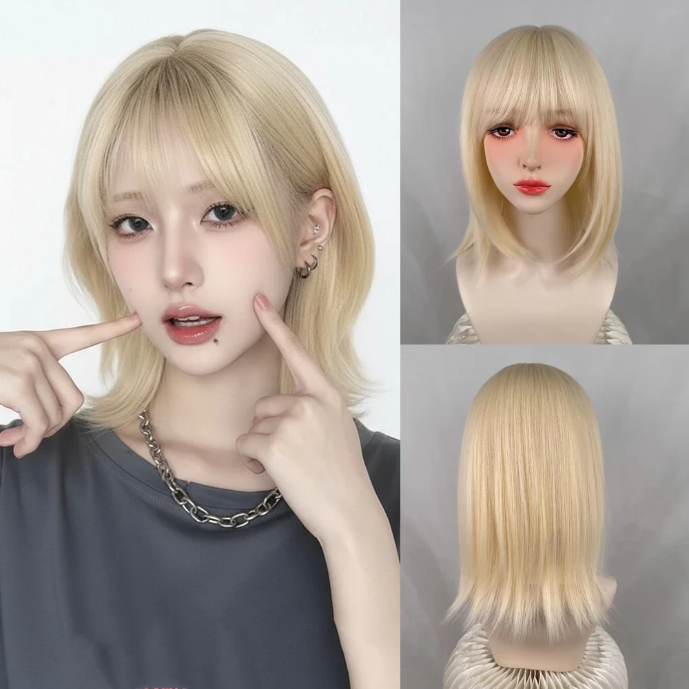 

Short Straight Light Blonde Synthetic Wigs with Bangs Lolita Cosplay Fluffy Women Wig for Daily Party