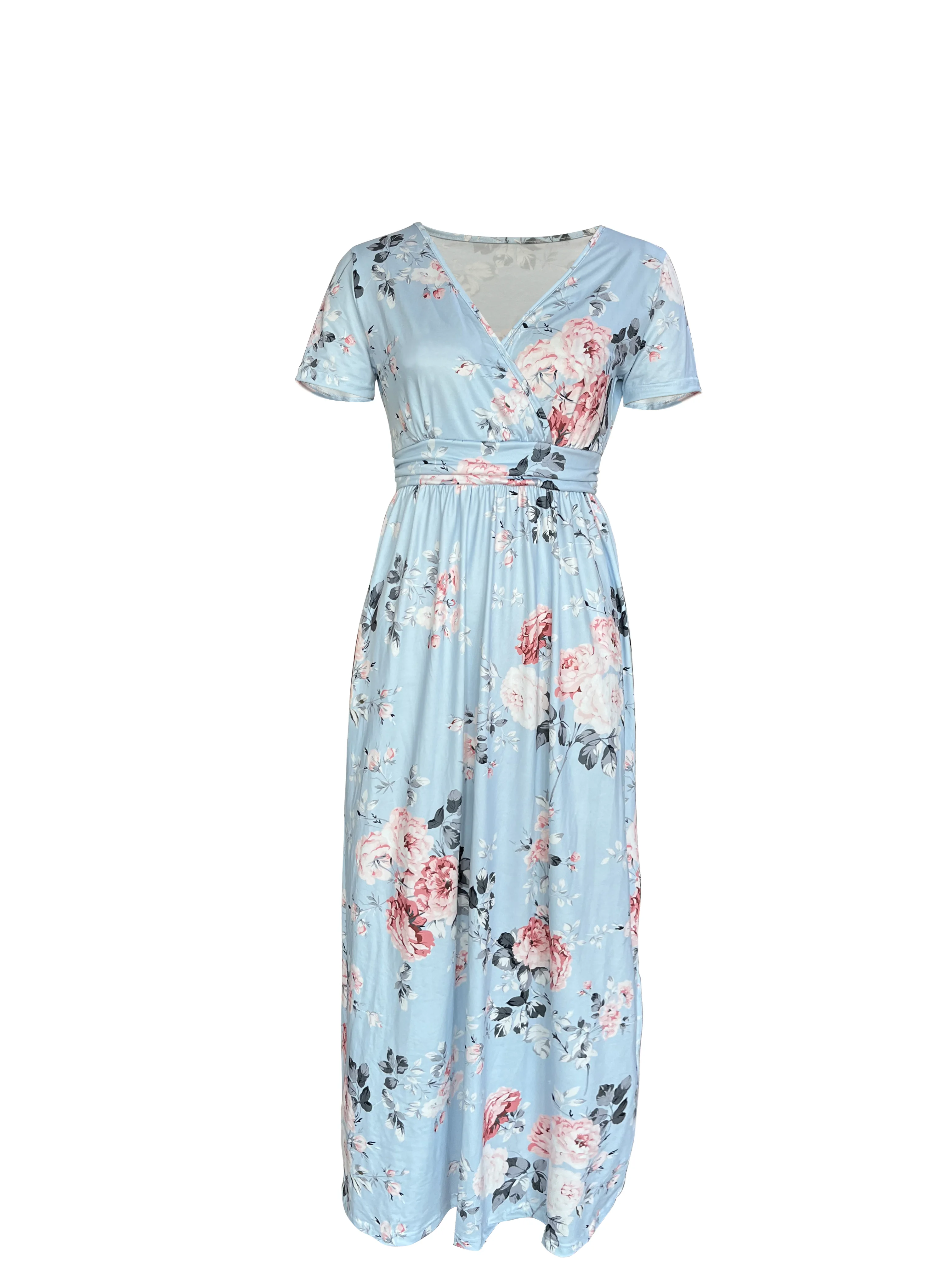 Spring and Summer New Style Fashionable and Elegant Short-Sleeved Wrap Waist V-Neck Women's Dress with Pockets