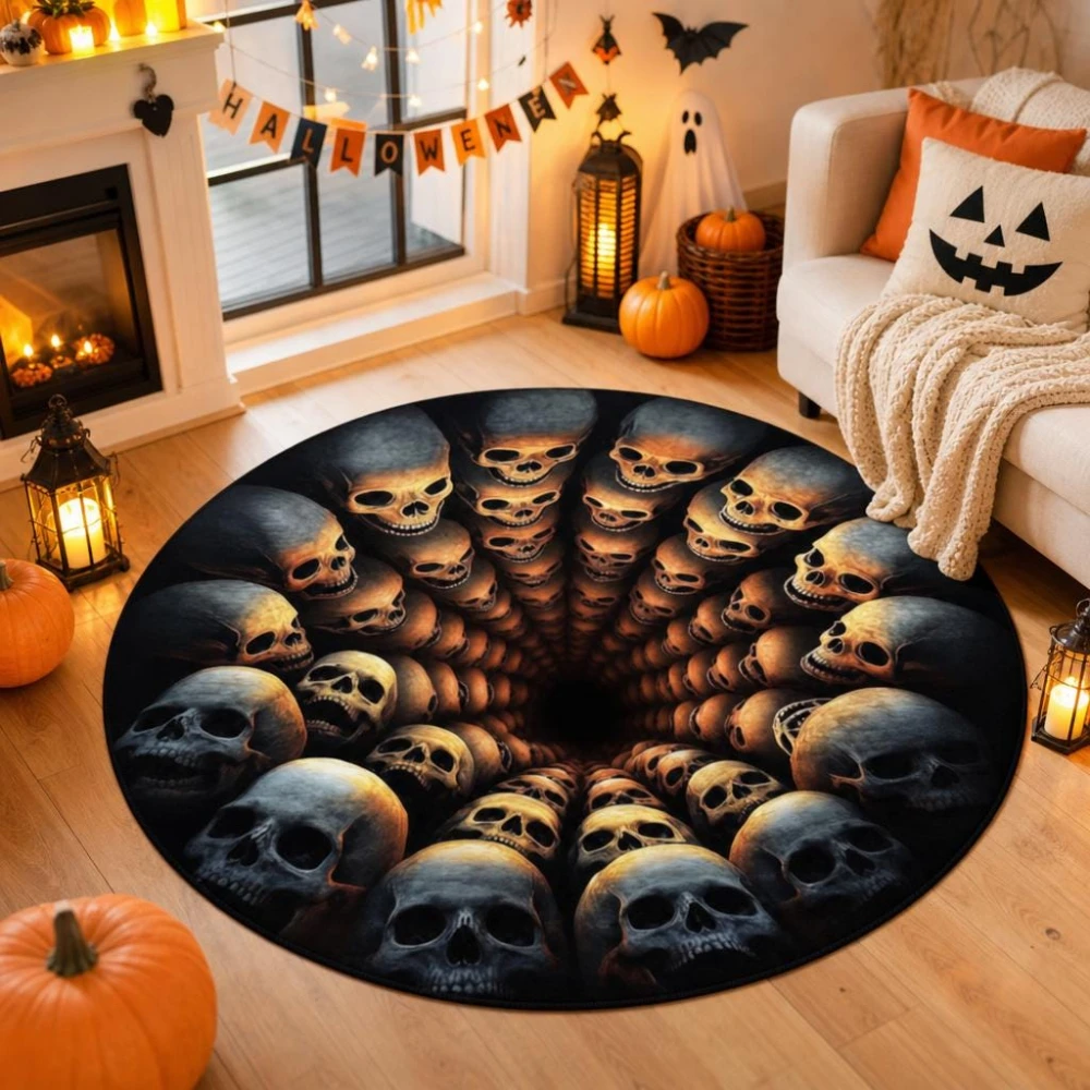 Horror Skull Tunnel 3D Optical Illusion Circle Rug movie room home decor bedroom living room game room Halloween Anti Slip Rug