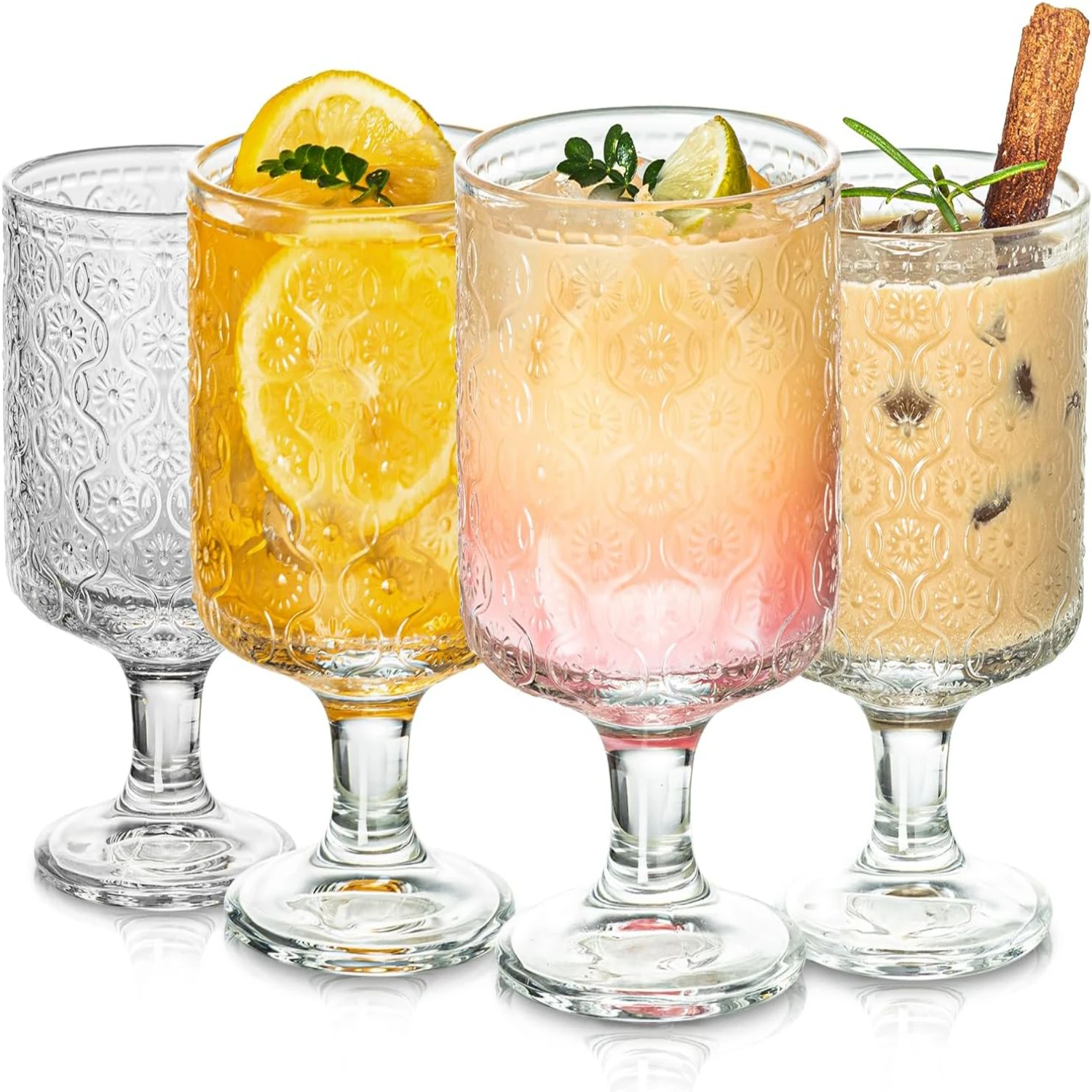 Vintage Embossed Transparent Glass Cups Set of 4, Stylish Drinking Glasses with 12.5oz Capacity, Elegant Patterned Glassware for