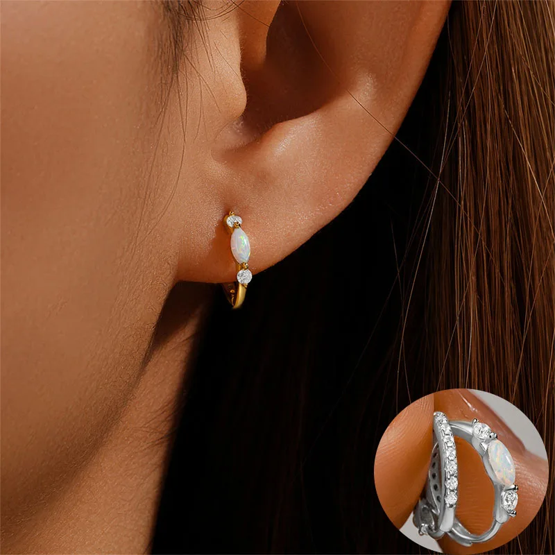 

100% 925 Sterling Silver Opal Geometric Earring for Women Girl Zircon Simple Round Design Jewelry Party Gift Dropshipping