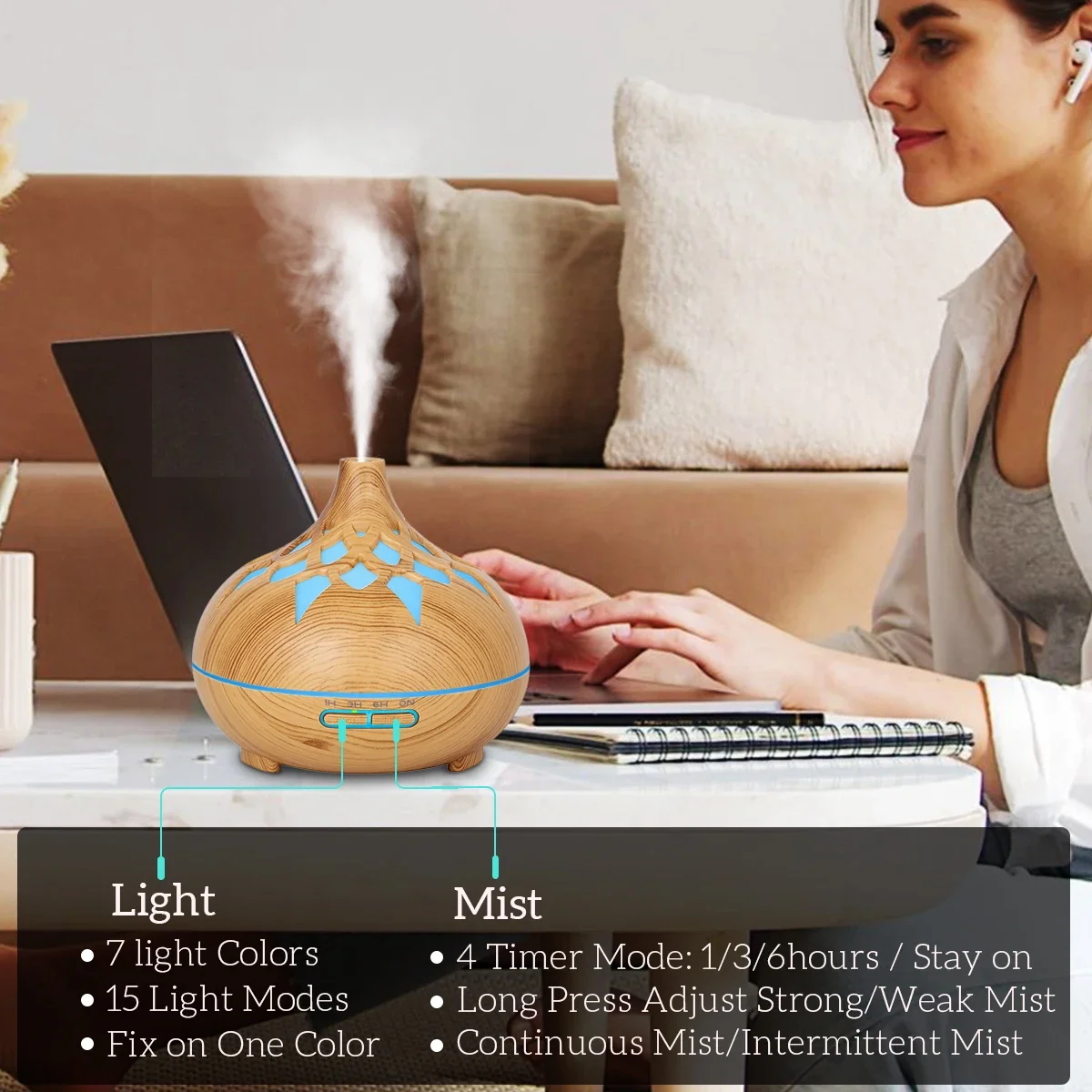 500 مللي الروائح الناشر الضروري النفط جوفاء الخشب الحبوب التحكم عن بعد بالموجات فوق الصوتية الهواء المرطب بارد مع 7 ألوان ضوء
