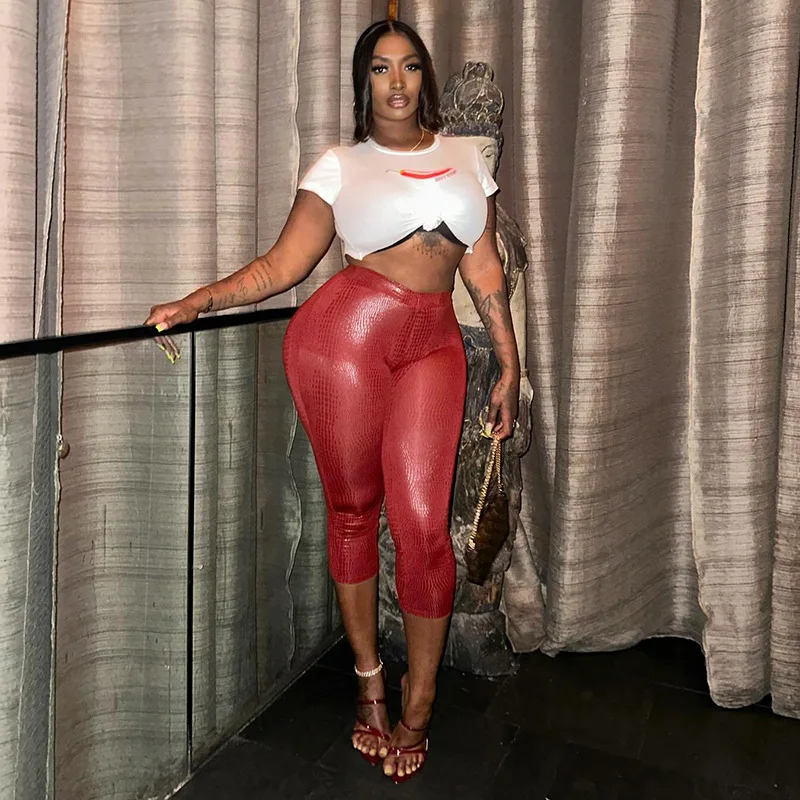 

2025 Summer Serpentine PU Leather Capris Pants Women Fashion Elastic High Waist Skinny Trousers Casual Streetwear Bottoms