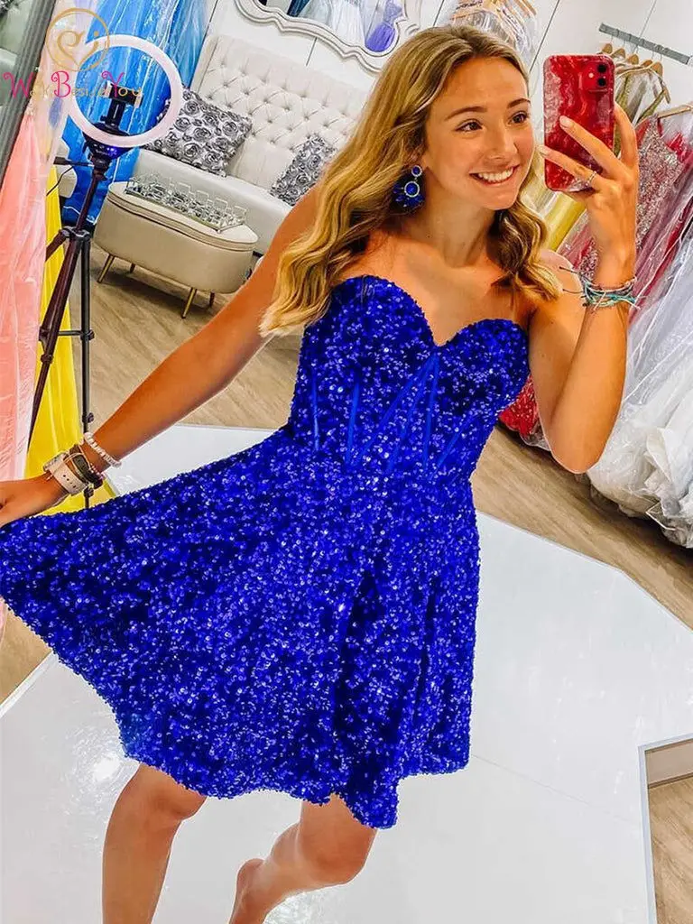 

Royal Blue Sequined Prom Dress Short Mini A Line Strapless Sweetheart Formal Party Homecoming Gown Evening Dress