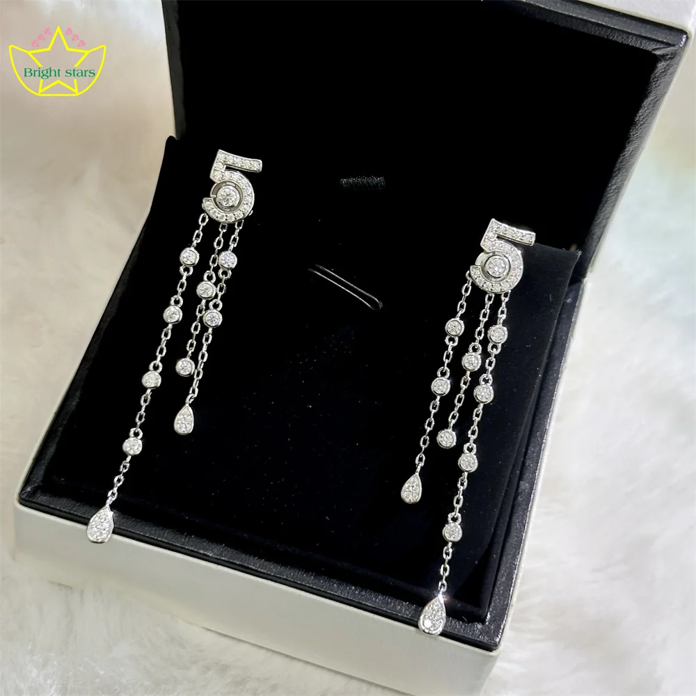 Bright Stars S925 three-row diamond fringe 5-word stud earrings light luxury elegant high sense stud earrings