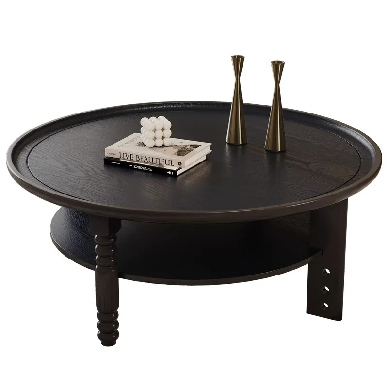 olid wood coffee table, round American tea table, small black table, small apartment, living room coffee table 2024 new