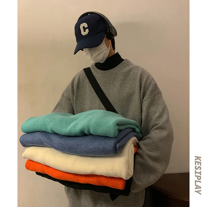 

2024 Men's Round Neck Low Solid Color Korean Style Male Knitted Pullovers Loose Versatile Casual Autumn Winter Top A25