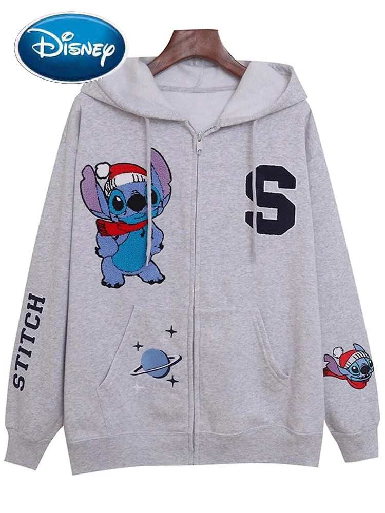 Disney Sweatshirt Anniversary Stitch Little Monster Letter Embroidery Cartoon Print New Women Zip Pocket Hooded Jumper Gray Tops