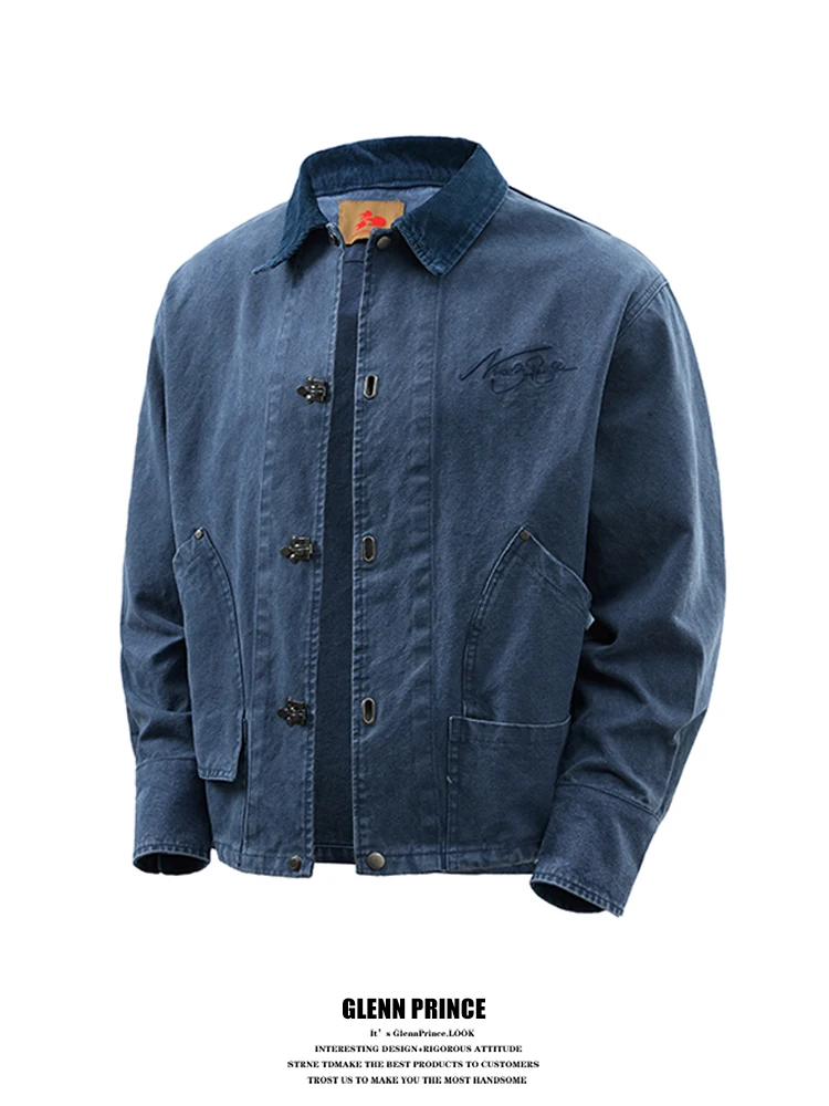 

GPstudio American Sle Casual Embroidered Metal Bule Waed Denim Jaet Men Spring Autumn Lapel Workwear Outerwear
