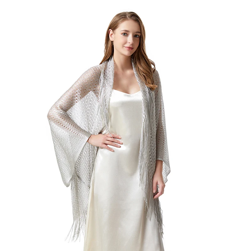 Polyester bat-sleeve cape Silver wedding party summer thin with hollowed-out fringe sun protection plus-size cardigan