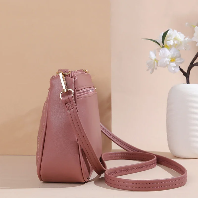 Bolso cruzado de cuero PU con cremallera para mujer, bandolera pequeña  gran capacidad  hilo  bordar, a la moda, novedad