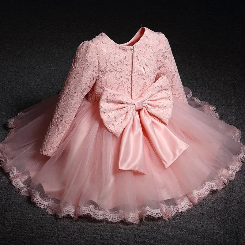 Baby Girls 1st Birthday Christening Dress Long Sleeve Infant Lace Bow Pink Gown Newborn Princess Baptism Clothes Baby Girl Dress