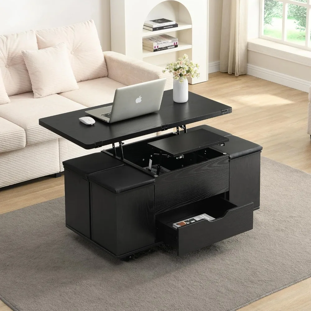 

Multi-Functional Lift-Top Coffee Table with Hidden Storage and Stools,Multi-Function Modern Center Table with 4 Stools