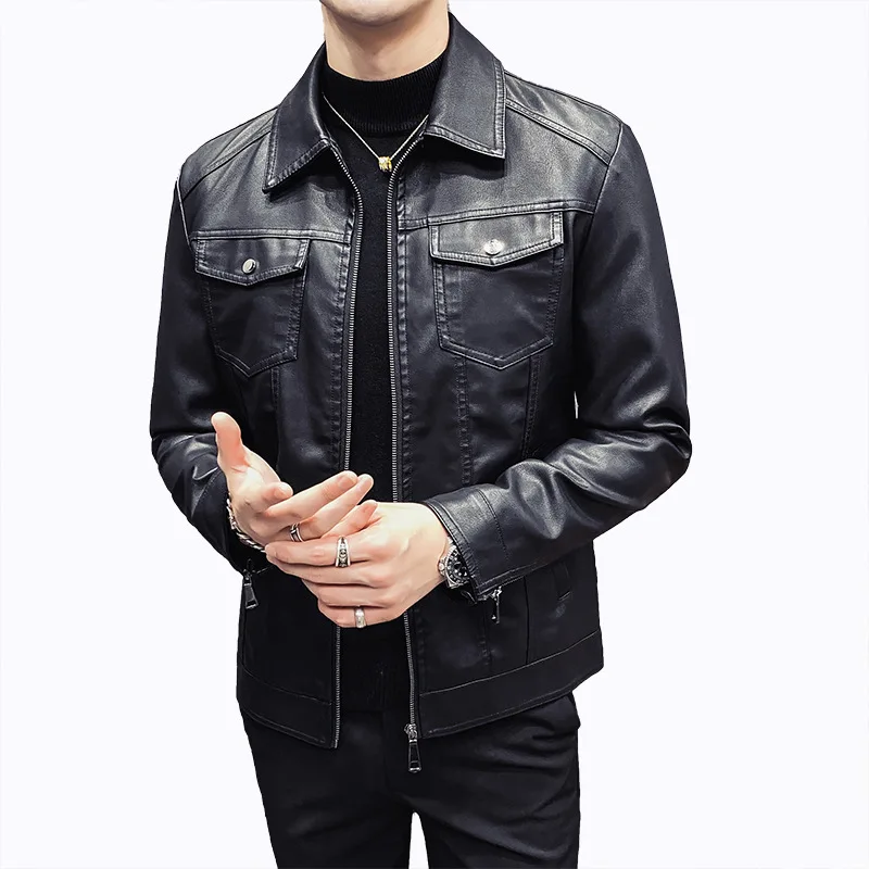 

Men's leather jacket 2025 Spring and Autumn new casual leather jacket motorcycle jacket slim fit Korean version lapel PU jacket