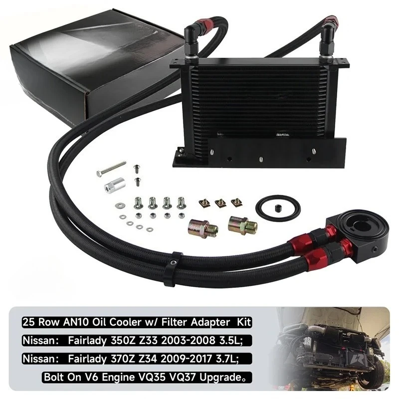 Bolt On Oil Cooler Kit 25 Row AN10 Fits for Fairlady 350Z Z33 03-08 3.5L/370Z Z34 09-17 3.7L VQ35 VQ37 Upgrade Black