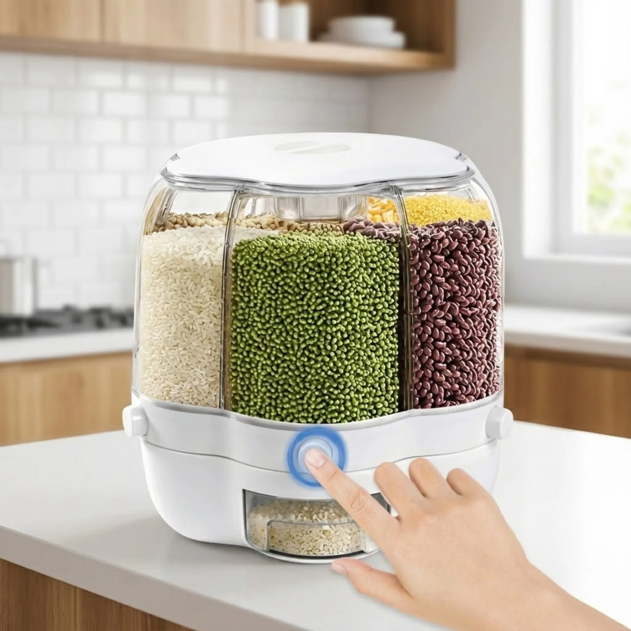 

6 Grid Rotating Rice Dispenser Kitchen Dry Food Storage Container 8kg Sealed Cereal Bean Organizer Box