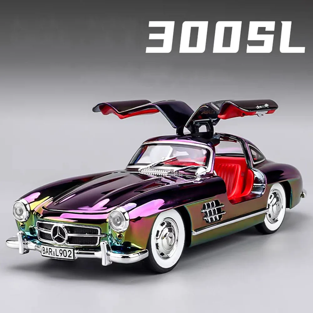 Modele samochodów Benz 300SL w skali 1:24, zabawki, kierownica, miniaturowe pojazdy z dźwiękiem i światłem, samochód vintage dla dzieci, prezenty na festiwale.