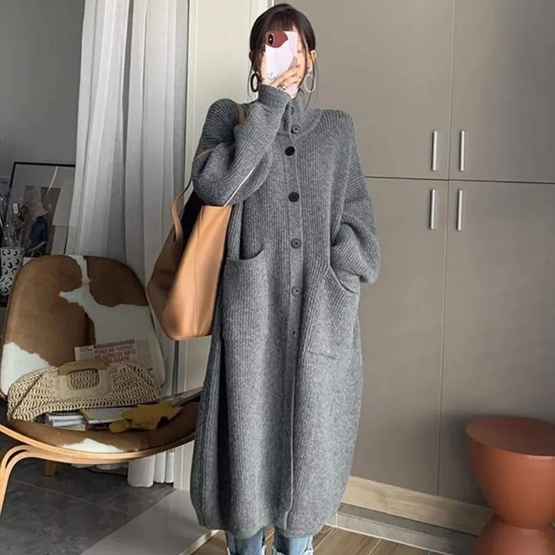

Chic Autumn Winter High Collar Thi Warm Long Knitted Open Cardigan Sweater Women's Loose Sle Korean Version Commute Wind
