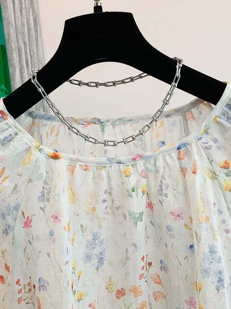 Elegancki lniany top z konopi w kwiatowy wzór, damski, letni, cienki, duży rozmiar, zakrywający brzuch, bawełniano-lniany, wyszczuplający, narzutka na plażę.