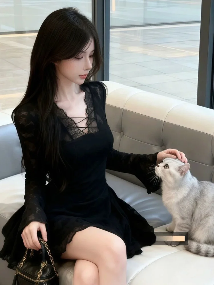 

Pure Desire Lace Splice V-ne Long Sve Dr Женское зимнее утягивающее сексуальное платье Dr Ele с завязкой на талии Dr