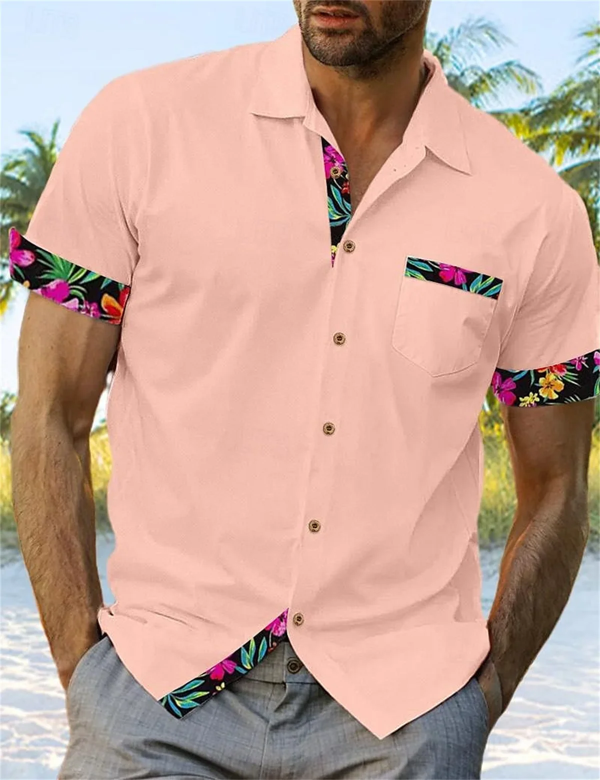 Men's light color natural pattern 3D printed lapel button short-sleeved shirt thin Hawaiian outdoor vacation casual top
