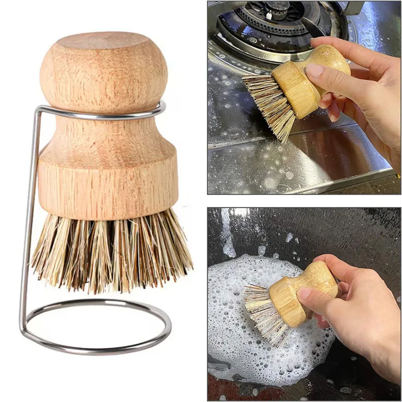 Cepillo de Bambú Natural para Fregar Platos con Soporte, Juego de Limpieza de Cocina de Madera con Escurridor para Sartenes, Ollas y Sartenes de Hierro Fundido