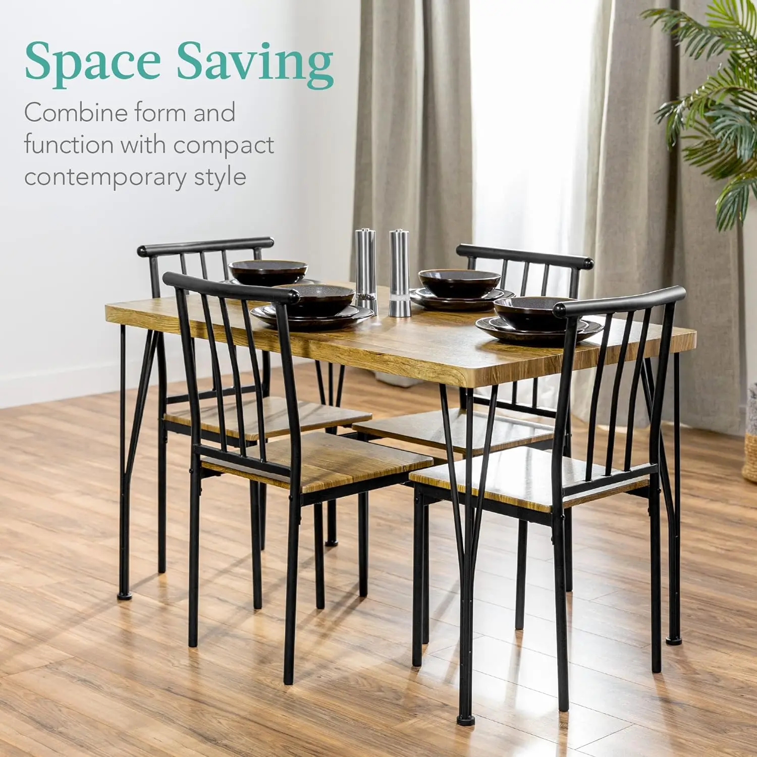 5-piece metal modern rectangular dining table furniture, suitable for kitchen and dining room with 4 chairs - brown image 2