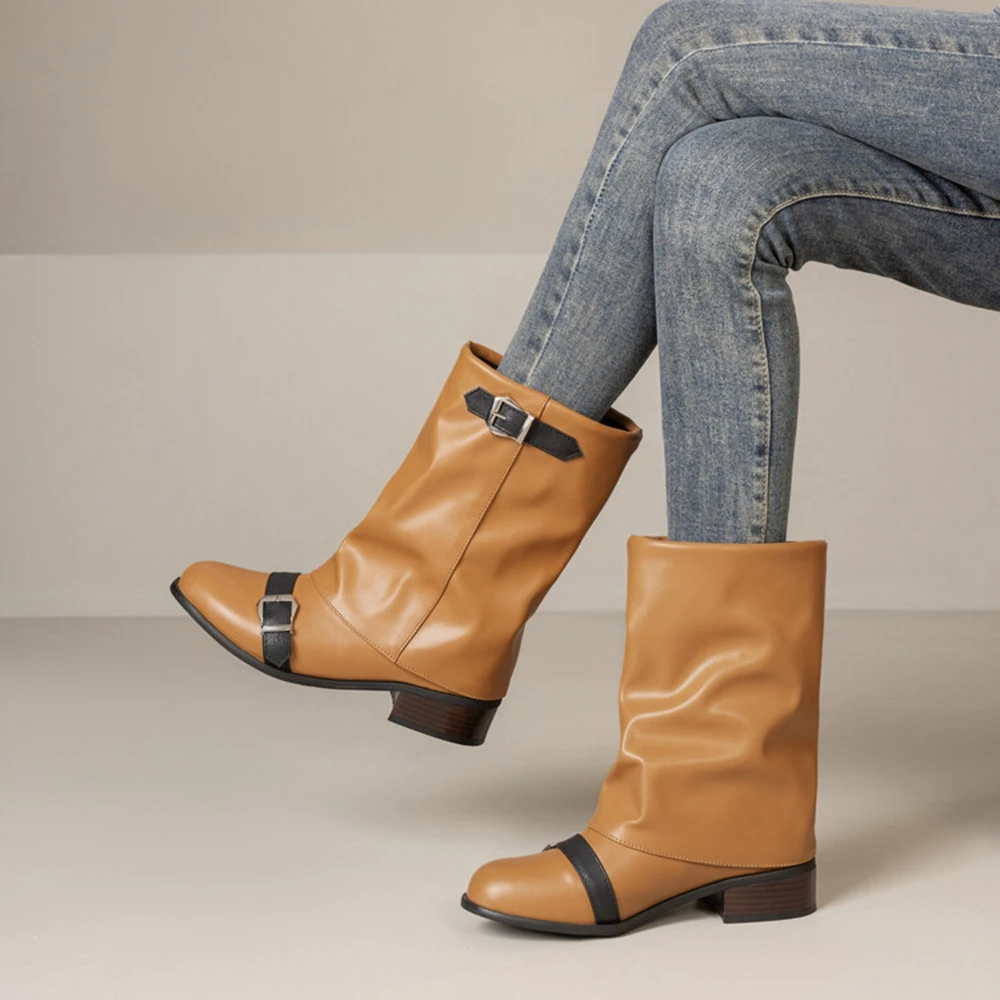 الموضة الرجعية النمط الغربي الخريف الشتاء أحذية بوت قصيرة منخفضة كعب سميك النساء الأحذية منتصف العجل مطوي كومة الأحذية حجم كبير 47 777-3 #5