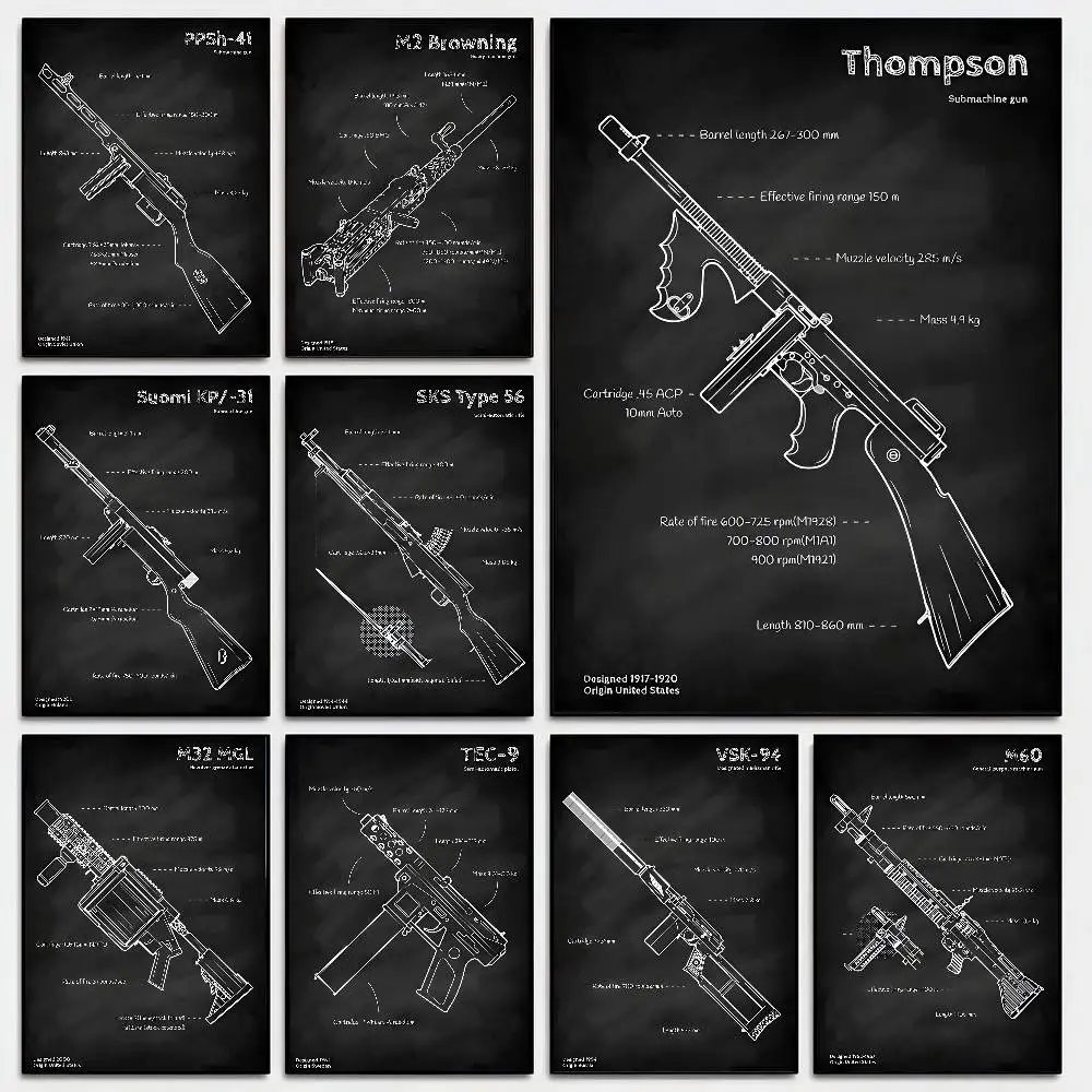 Weapons Blueprint Poster Self-adhesive Art Room Entrance Restaurant Wall Decor Art Painting