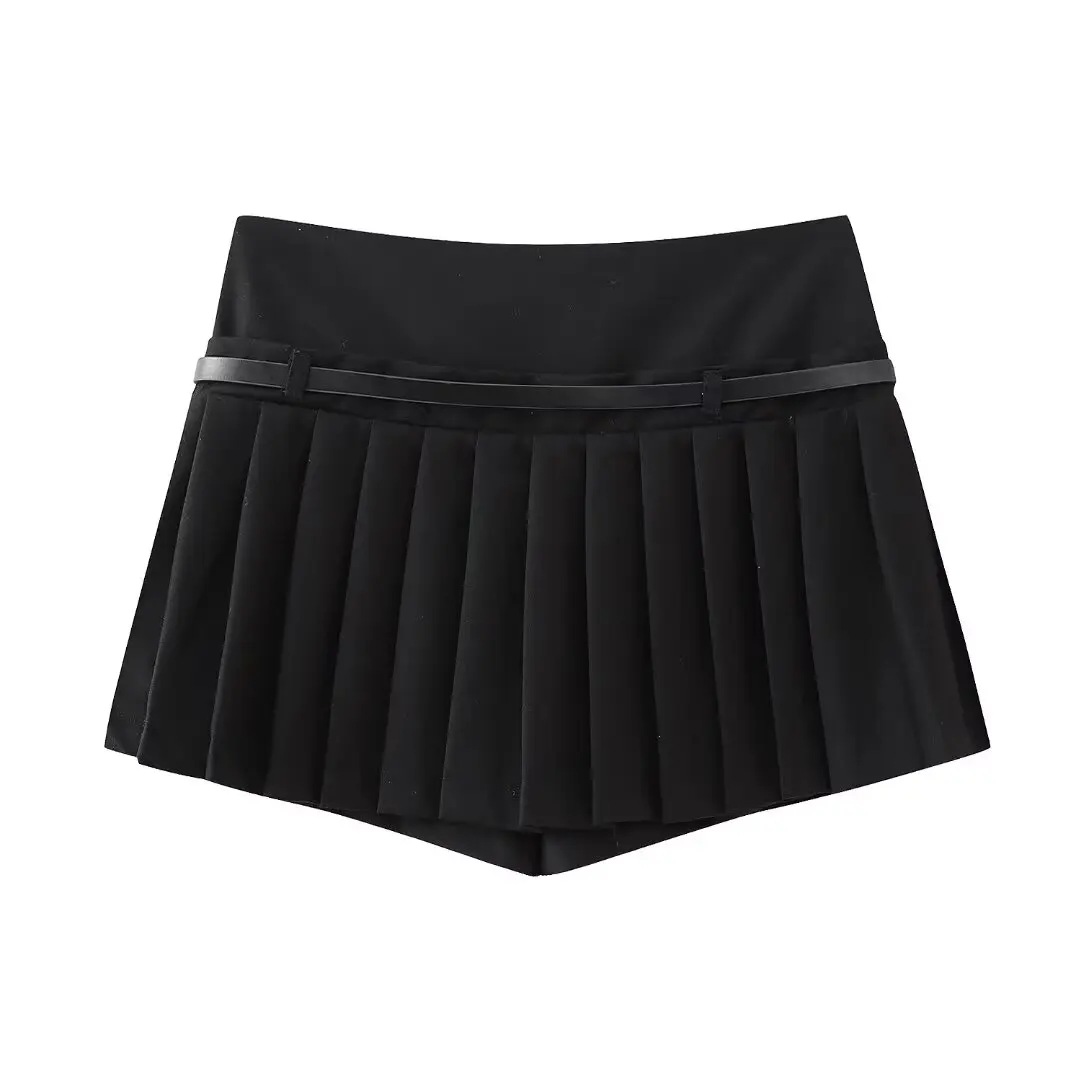DUOPERI Women Fashion Solid Pleated Mini Skirt Shorts High Waist With Belt Female Chic Lady Casual Shorts