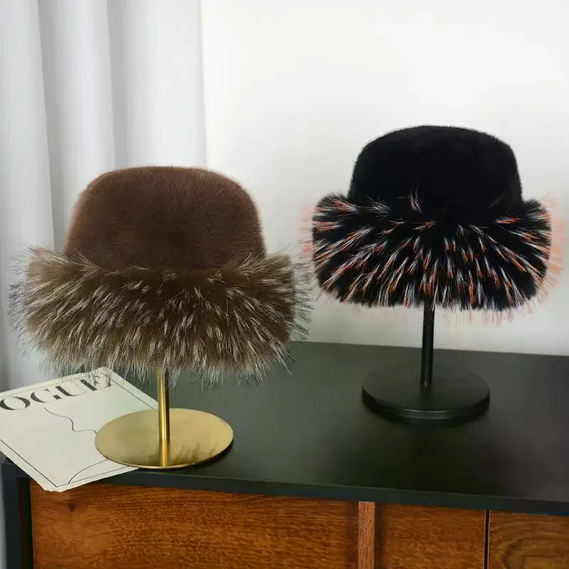Women's Winter Plush Fisherman Hat Thick Fluffy Fur Ear Protection Windproof Warm Panama Basin Cap for Cold Weather