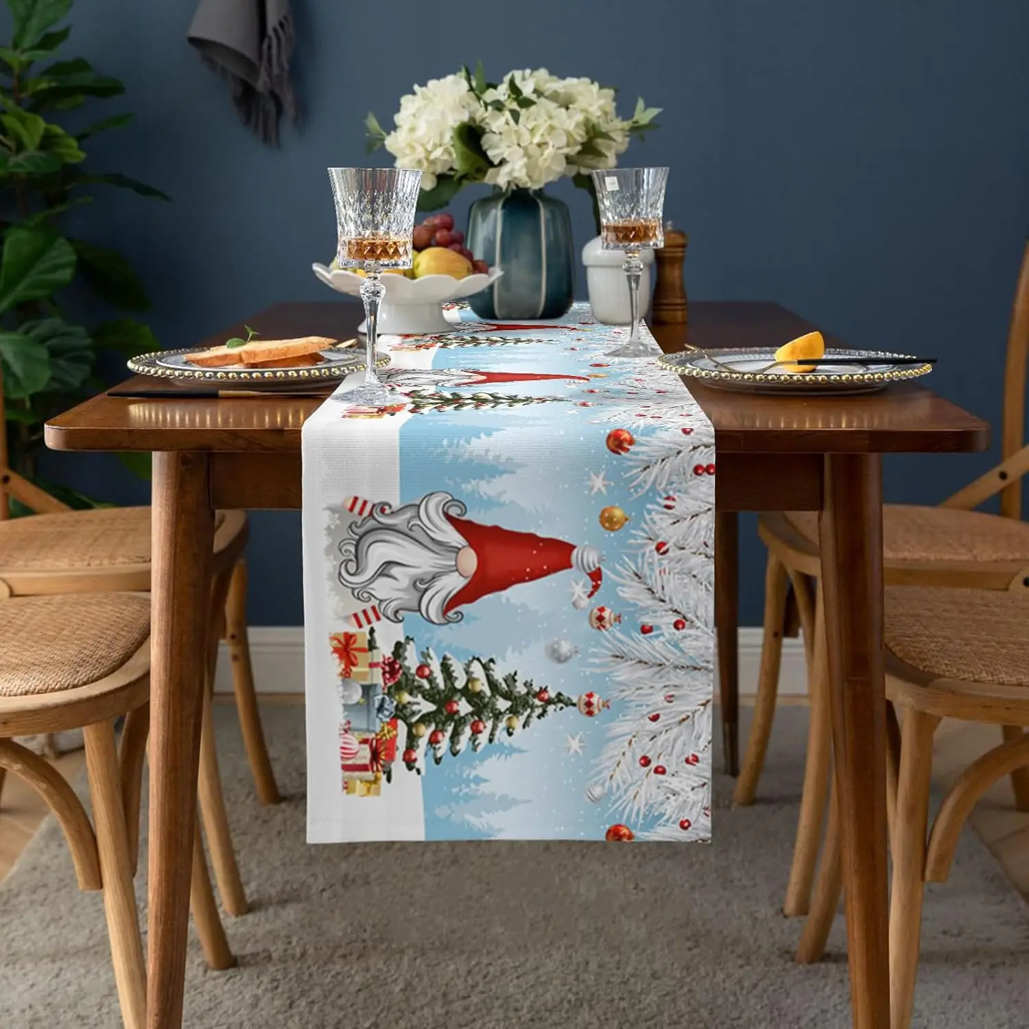 Christmas Gnome Xmas Tree Ball Linen Table Runner Dresser Scarves Pine Needles Snowaflake Table Runner Christmas Decorations