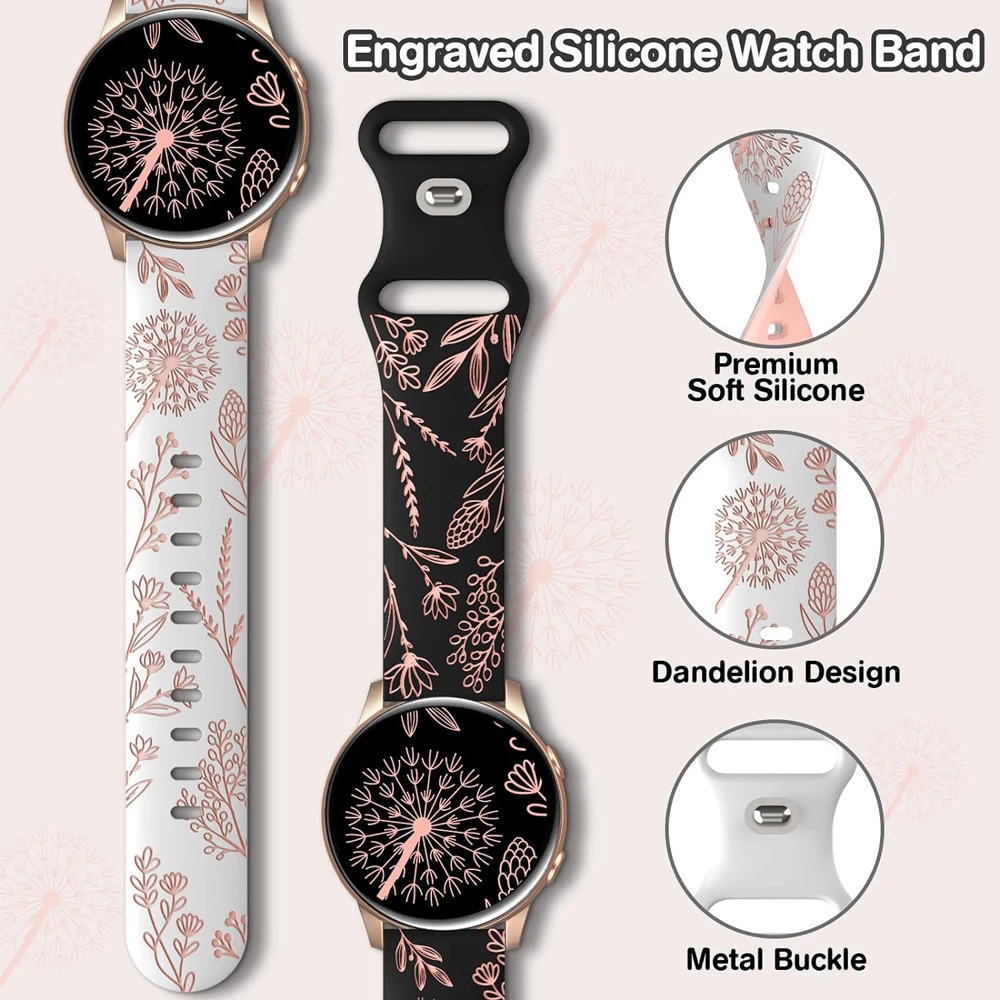 20MM Laser Carved Flower Silicone Strap for Samsung Galaxy Watch 7/6/5/4/Active 2 40mm 44mm/Watch 5 Pro 45mm/Watch 3 41mm Straps