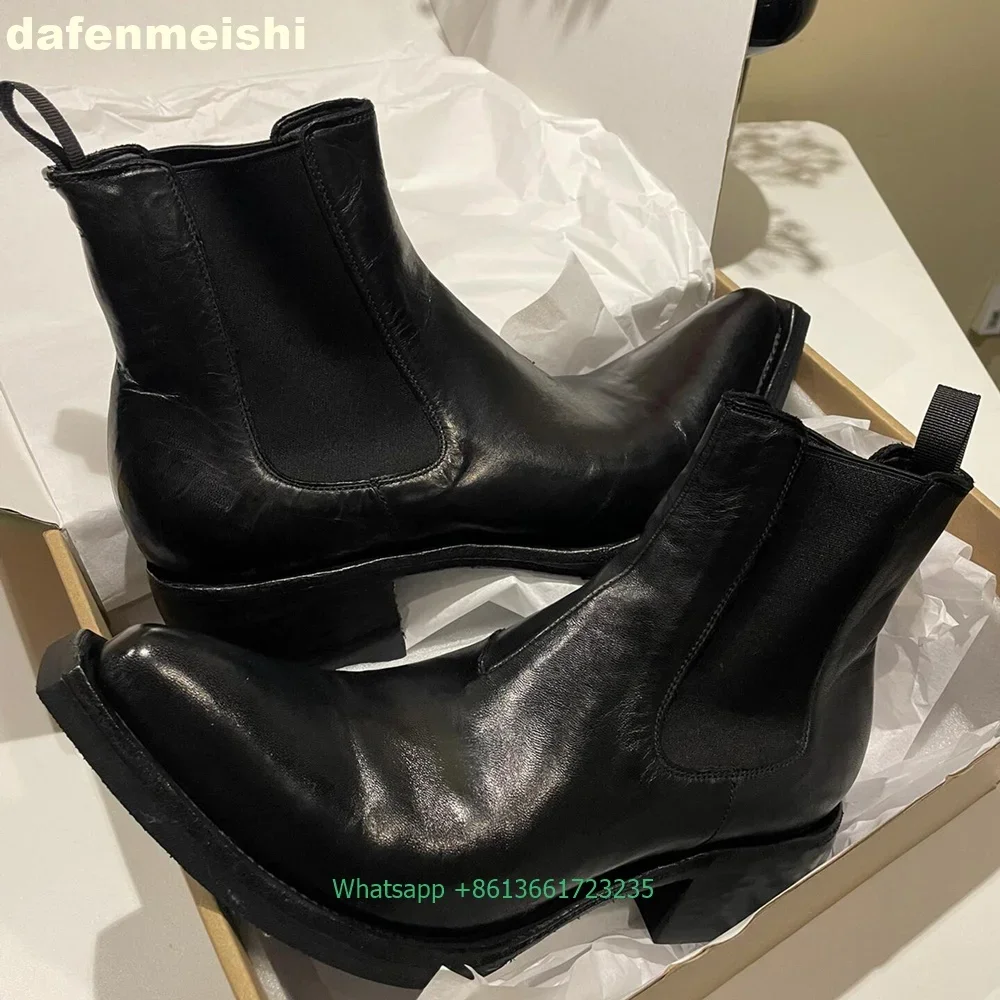 Black Leather Tilt Up Pointed Toe Boots Chunky Heel Platform Slip One Mid-Calf Chelsea Boots 2025 Winter Fashion Short Boots