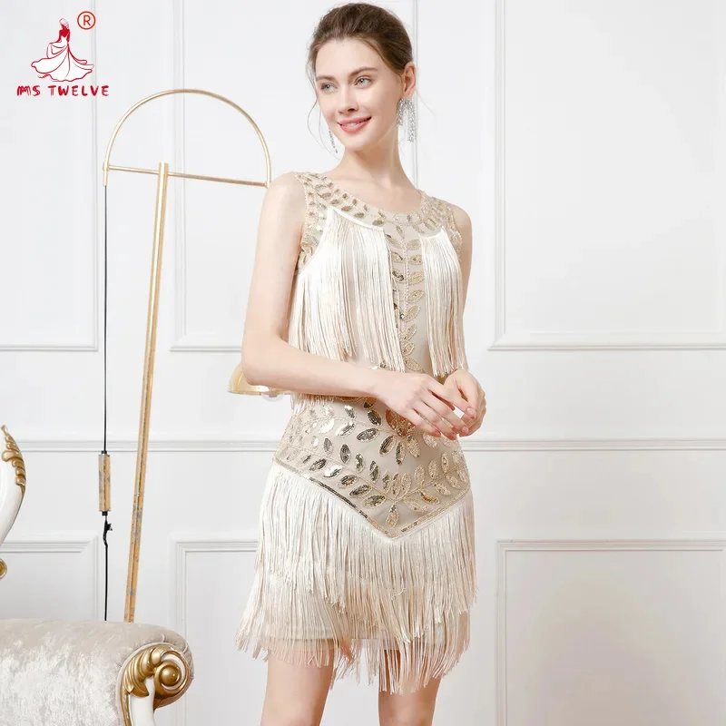 1920s Gatsby flapper , plus size beaded fringe gown vintage U-neck sequins party dress for women