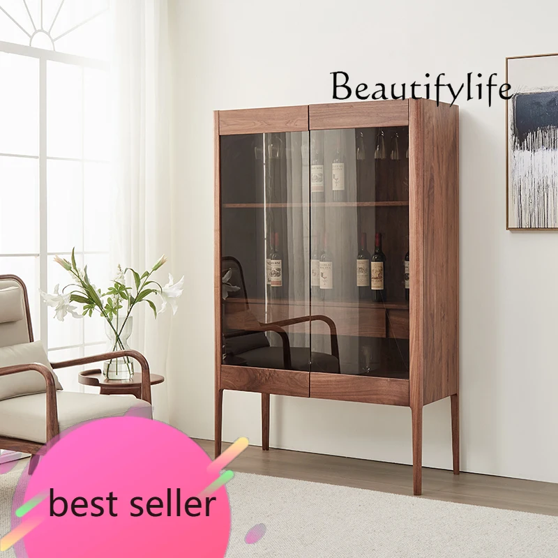 

F North American Black Walnut Wine Cabinet Living Room Italian Light Luxury Wall High-grade Solid Wood Glass Door Cabinet
