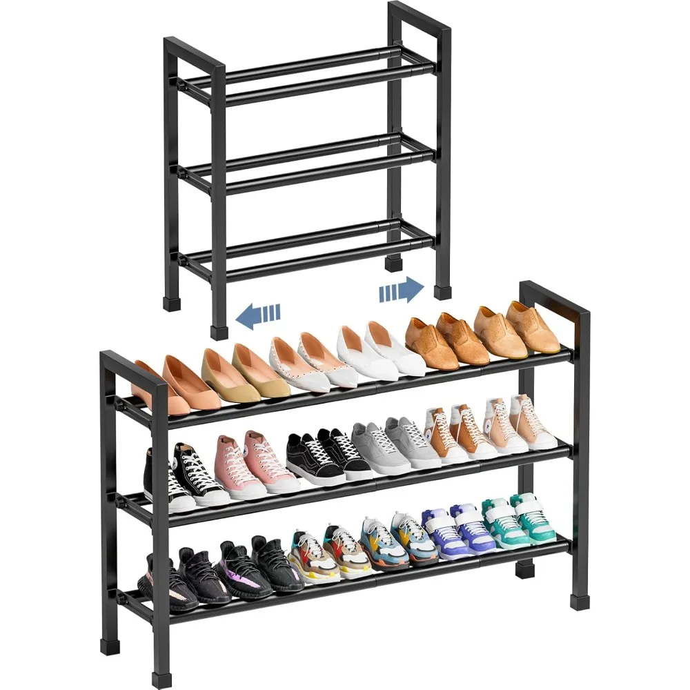 

19“- 43” Adjustable Shoe Rack, 3 Adjustable Length, 3 Tier Expandable Shoe Rack for Closet, Entryway, Shoe Shelf, Blac