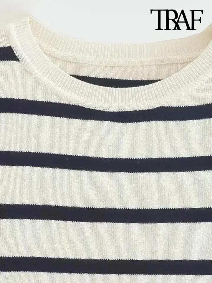Women Fashion Striped Basic Cropped Knit Sweater Vintage O Neck Short Sleeve Female Pullovers Chic Tops