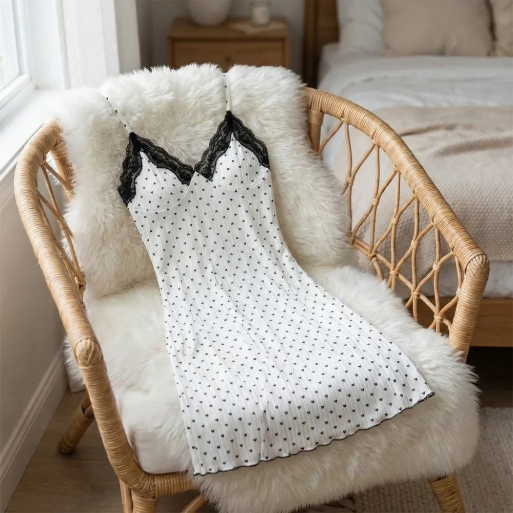 

Love Heart Print Women Heart Pajama Dress Sleeveless Suspender Lace Trim Camisole Nightdress Sleepwear Slim Fit V Neck