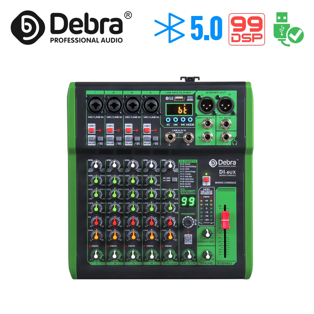 Debra Pro Audio Mixer DJ Console With 99DSP Digital Effect 48V Phantom Power USB MP3 for Karaoke PC Recording