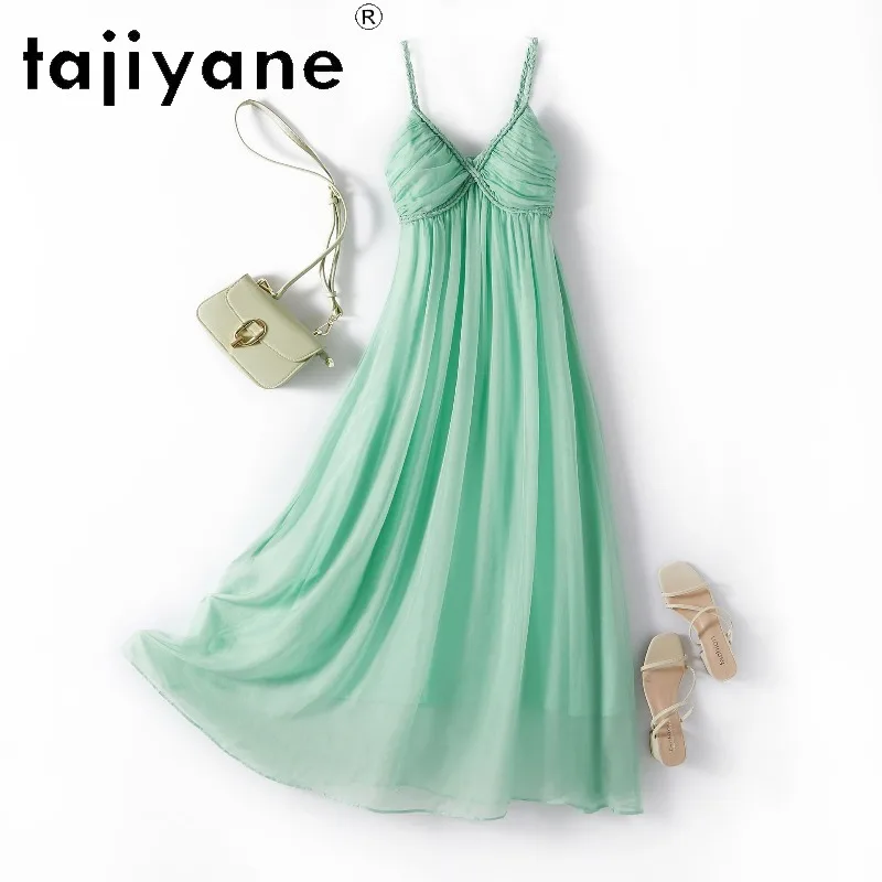 TAJIYANE 100% Mulberry Silk Strap Dress Sexy Summer Dresses for Women Sleeveless Vacation Beach Dresses 2026 Woman Vestido Longo