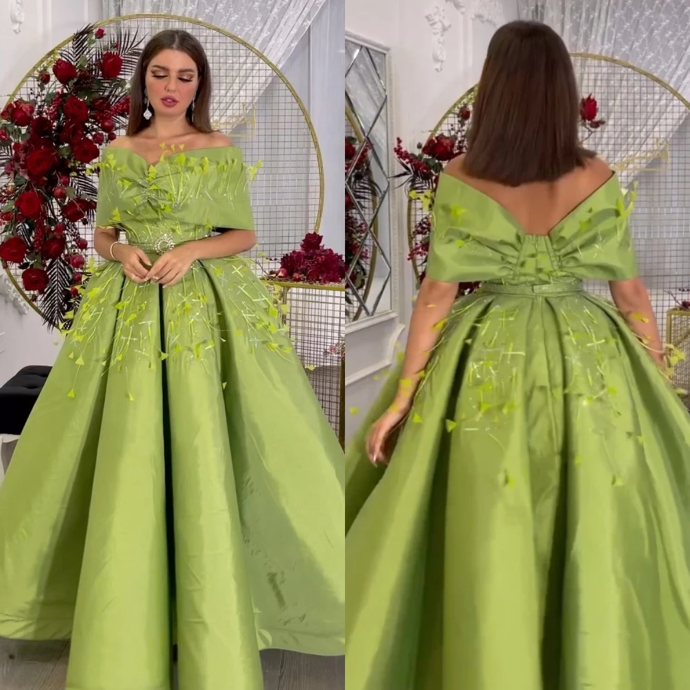 

Satin Feather Draped Sash Cocktail Party A-line Off-the-shoulder Bespoke Occasion Gown Long Dresses