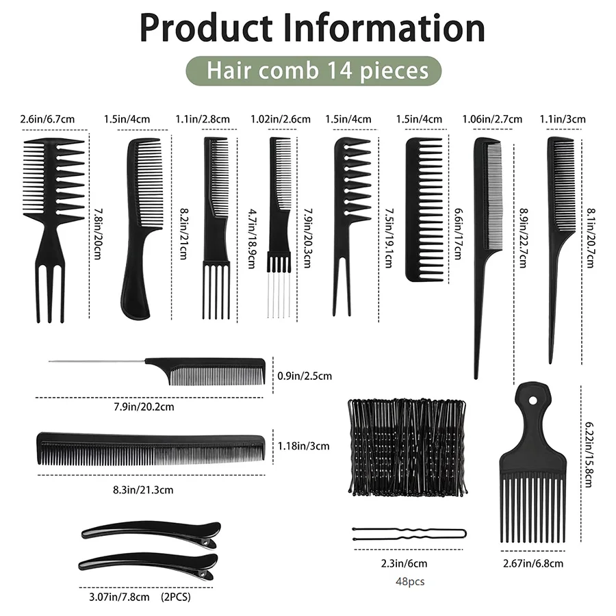 14 PCS Professional Hair Comb Set for Women Men, Hair Stylists Styling Hair Combs Set Accessories Variety curl wide tooth