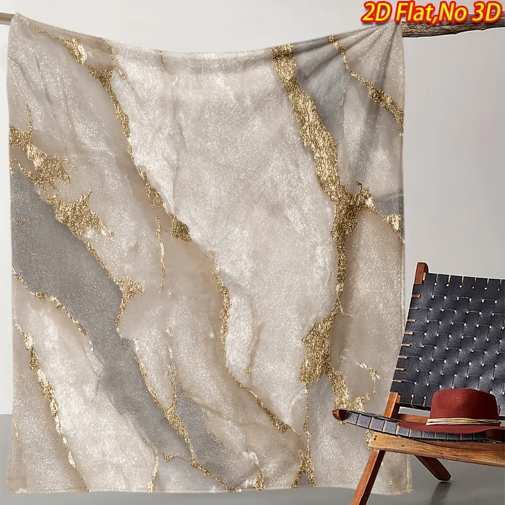 2D Flat Print, 1pc of Light Luxury Gilded Marble-style Throw Blanket/blanket, Featuring a Light Gray Base with Golden Foil Crack
