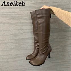 Aneikeh 2024 Autumn PU Modern Boots Solid Women Shoes Knee-High Pleated Sewing Square Toe Thin Heels Women Boots Slip-On Black